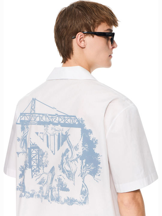 Short Sleeve Cotton Shirt White- Light Blue