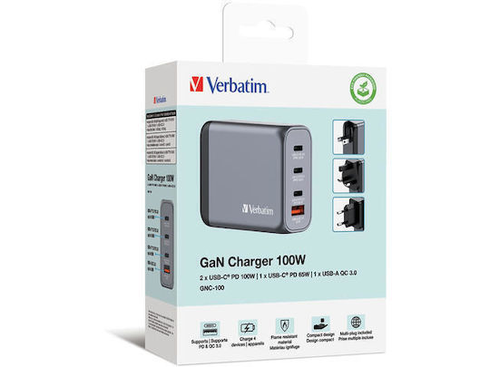 Verbatim Φορτιστής Χωρίς Καλώδιο GaN με Θύρα USB-A και 3 Θύρες USB-C 100W Γκρι (GNC-100)