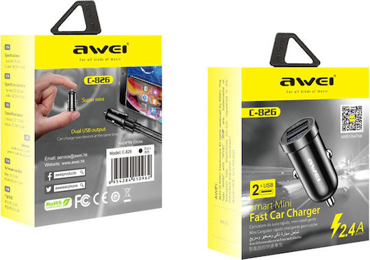 Awei Car Charger 12W 2.4A Fast Charging with Ports 2xUSB-A with Type-C Cable Black Colour