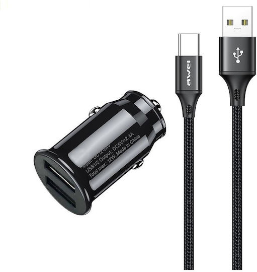 Awei Car Charger 12W 2.4A with 2xUSB-A Black Color