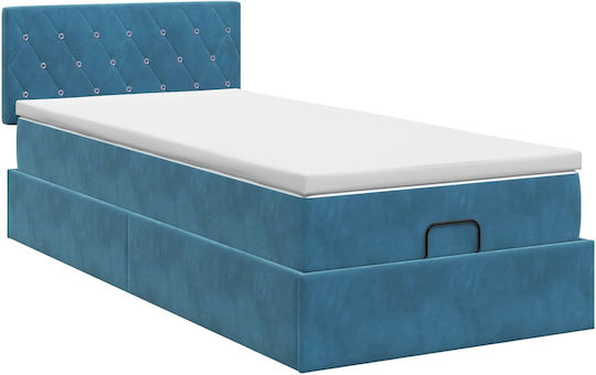 Single Bed Upholstered with Velvet Dark Blue with Slats and Mattress 90x200cm
