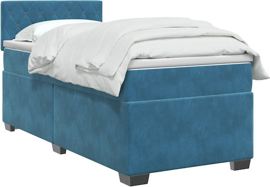Single Bed Upholstered in Velvet Dark Blue with Slats and Mattress 90x200cm