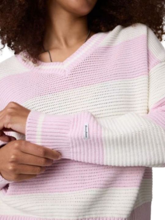 Damen Pullover Aus Baumwolle Mit V-Ausschnitt Gestreift Ecru/Rosa