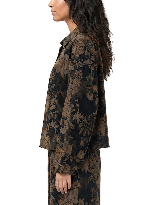 Long Sleeve Women's Shirt Brown Black Beige Floral