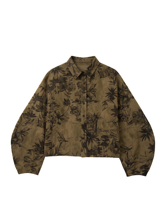 Long Sleeve Women's Shirt Black-Khaki Floral