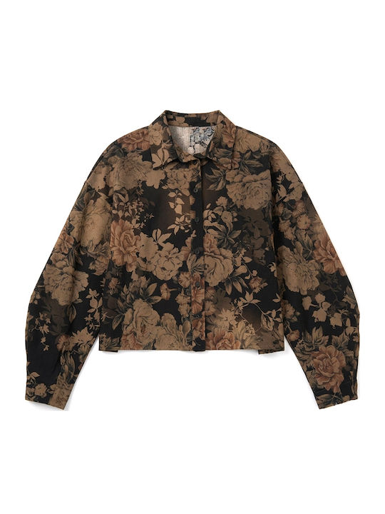 Long Sleeve Women's Shirt Brown Black Beige Floral