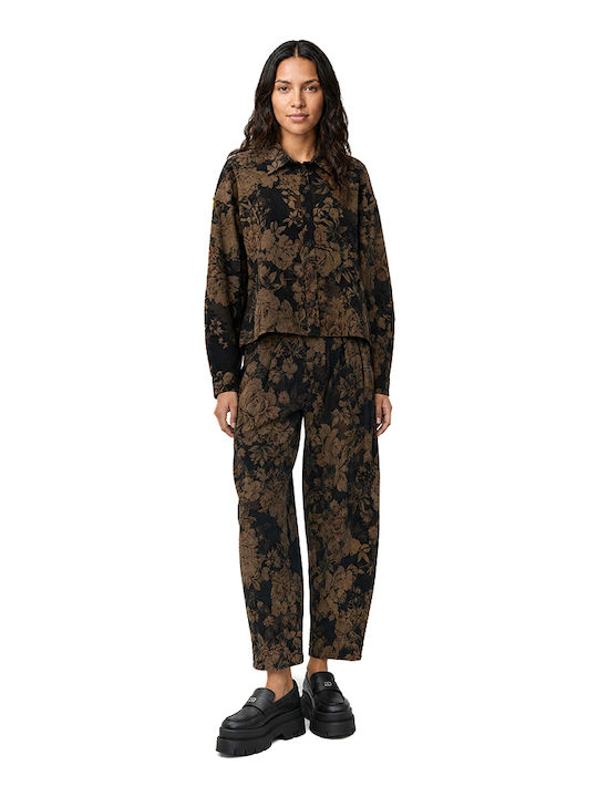 Long Sleeve Women's Shirt Brown Black Beige Floral