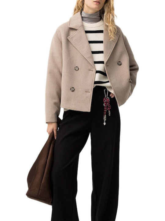 Women's Beige Half Coat with Buttons