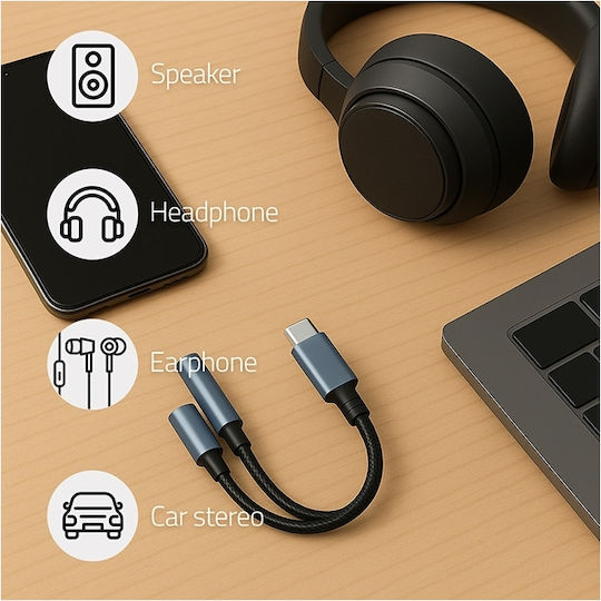 Qoltec Адаптер 2-в-1 USB-C USB-C 3.5 мм жак PD 15W 10 см алуминий