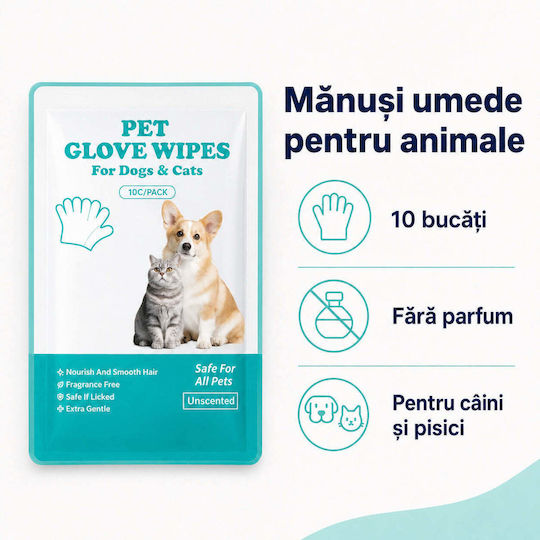 Mănuși umede pentru curățarea câinilor și pisicilor fără parfum 10 bucăți
