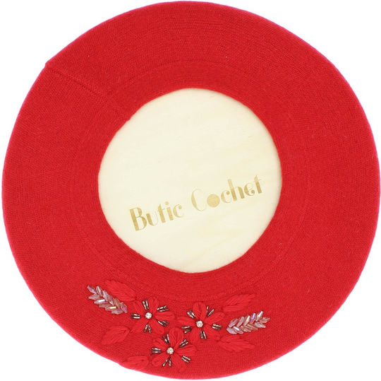 Beretă De Damă ButicCochet O Mărime Lână Design Floral Cu Mărgele Roșu Bsc436