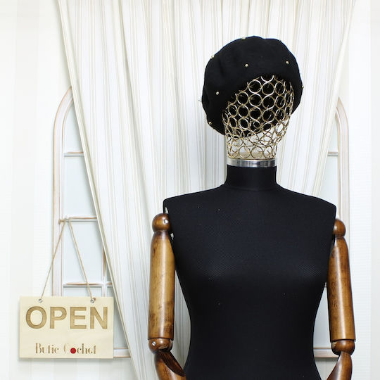 Beretă De Damă ButicCochet Lână O Mărime Design Împodobit Cu Perle Negru Bsc573