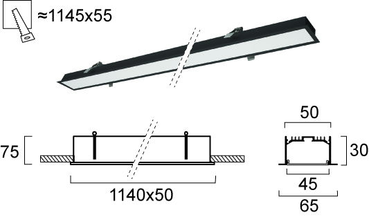 Viokef L1140 Commercial Linear Recessed LED Ceiling Light 30W Warm White 114cm