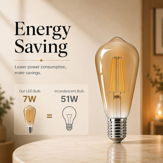 Lightplanet Bec LED 7W Pentru Bază E27 și Formă ST64 Alb Cald 650 Lumen