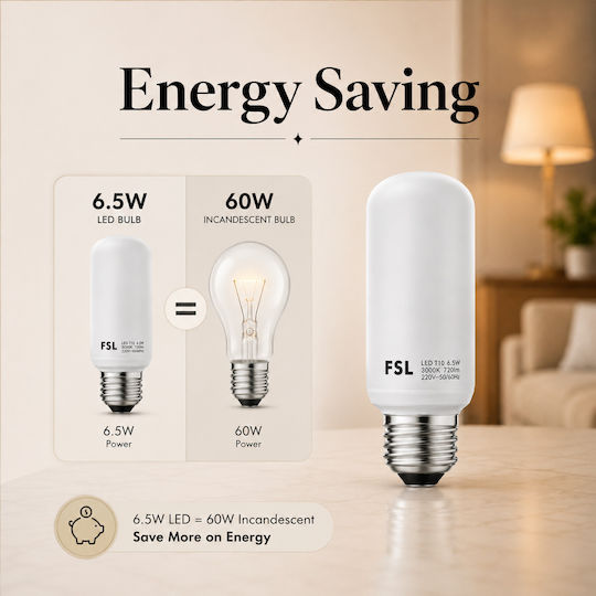 Lightplanet Bec LED 6.5W Pentru Bază De Bec E27 și Formă T10 Alb Cald