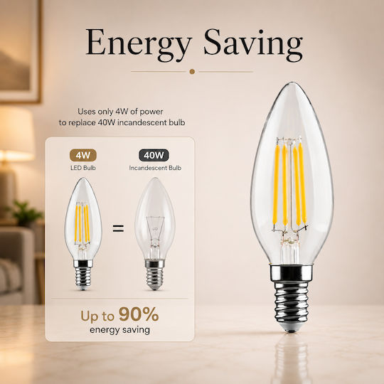 Lightplanet Bec LED 4W Pentru Bază De Bec E14 Și Formă C35 Alb Rece