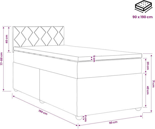 Single Upholstered Bed with Fabric Black with Slats and Mattress 90x190cm
