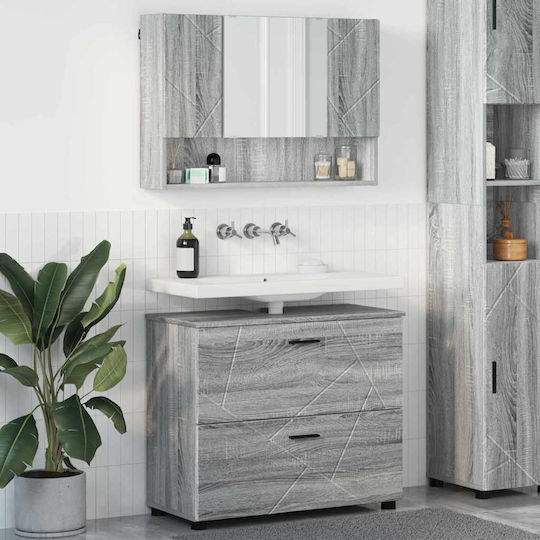 vidaXL Шкаф със Мивка, Огледало & Колона със светлина Д76.5xШ35xВ64см Сива Сонома