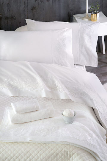 Rythmos Cotton Set of 4pcs Bridal Sheets Super Double with Lace Katherina White 260x230cm