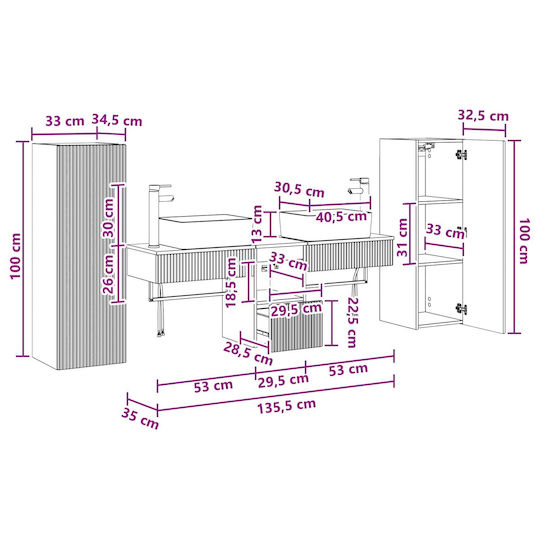 vidaXL Πάγκος χωρίς Νιπτήρα Μ33xΒ34.5xΥ100cm Λευκό