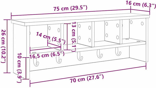 vidaXL Agățătoare De Perete Din Lemn Cu 5 Compartimente Gri 75x26x16cm
