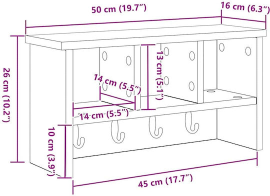 vidaXL Κρεμάστρα Τοίχου Ξύλινη Καφέ 50x26x16cm