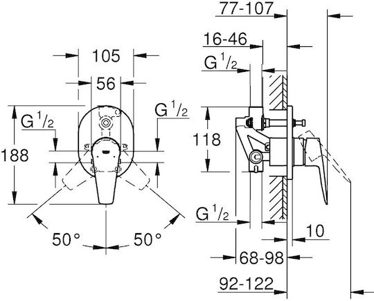 Grohe Bauedge Μίκτης Μπαταρίας Εντοιχισμού Ντουζιέρας 2 Εξόδων Ασημί
