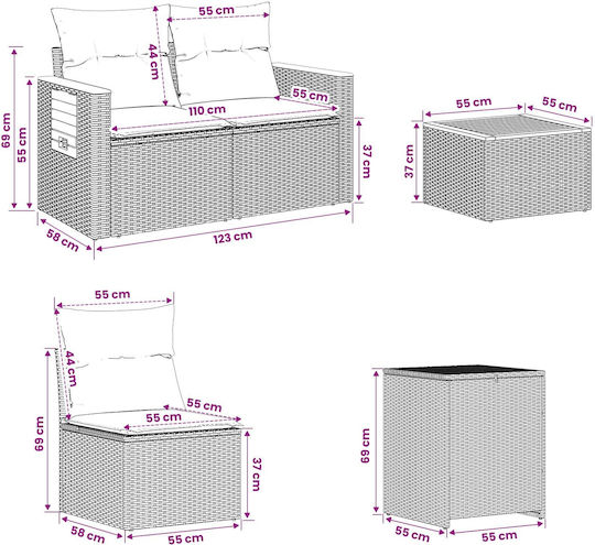 Living Room Outdoor Furniture Set 6 Pieces Black and Cream White with Pillows