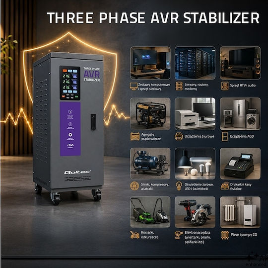 Three-phase Voltage Stabilizer Qoltec Avr Multiprotection 20 Kva Accuracy ± 3% Three-phase Servomotor Lcd Screen