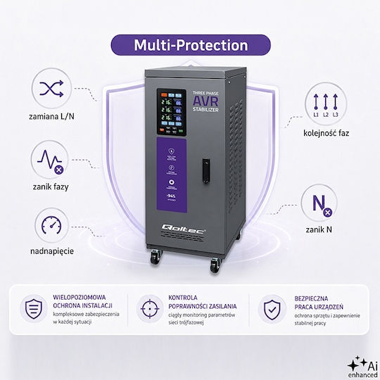 Three-phase Voltage Stabilizer Qoltec Avr Multiprotection 20 Kva Accuracy ± 3% Three-phase Servomotor Lcd Screen