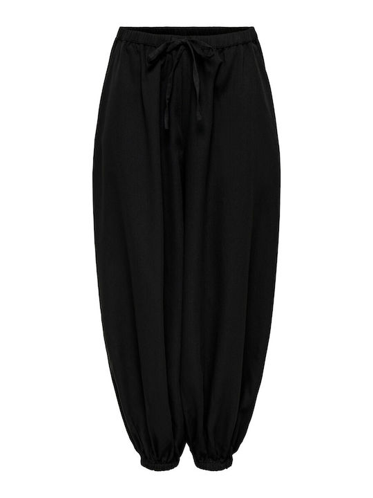 Women's Fabric Trousers with Rubber Band in Loose Fit Black