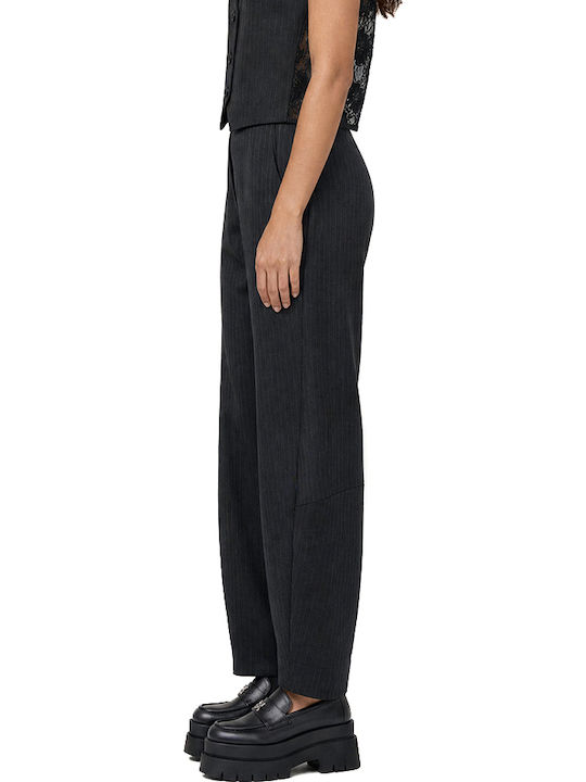 Women's High Rise Fabric Trousers with Rubber Band Striped Grey