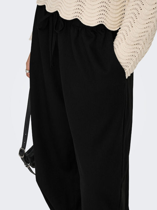 Women's Fabric Trousers with Rubber Band in Loose Fit Black