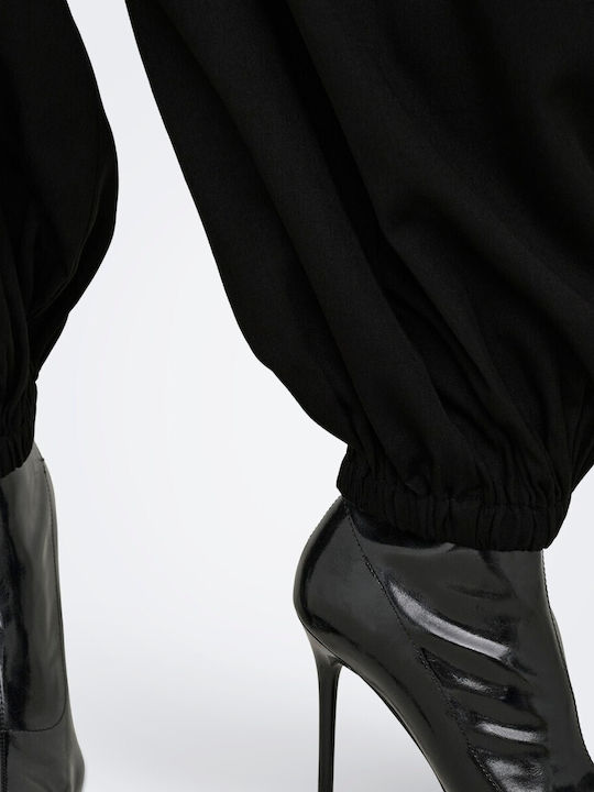 Women's Fabric Trousers with Rubber Band in Loose Fit Black