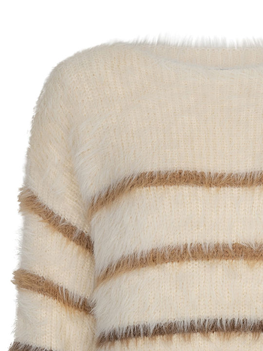 Damen Pullover Gestreift Creme/Braun