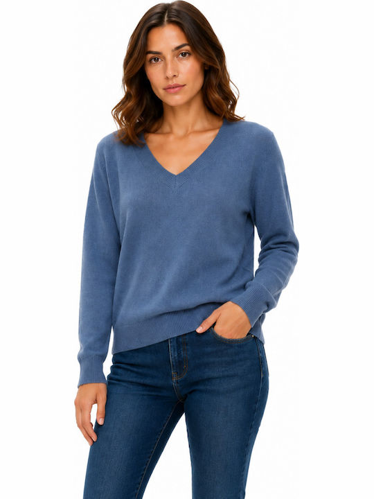Women's Long Sleeve Blouse with V-Neckline Blue