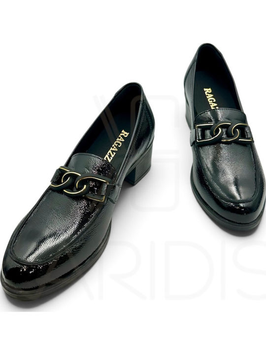 Loafer-Pumps aus Leder mit niedrigem Absatz SCHWARZES LACKLEDER