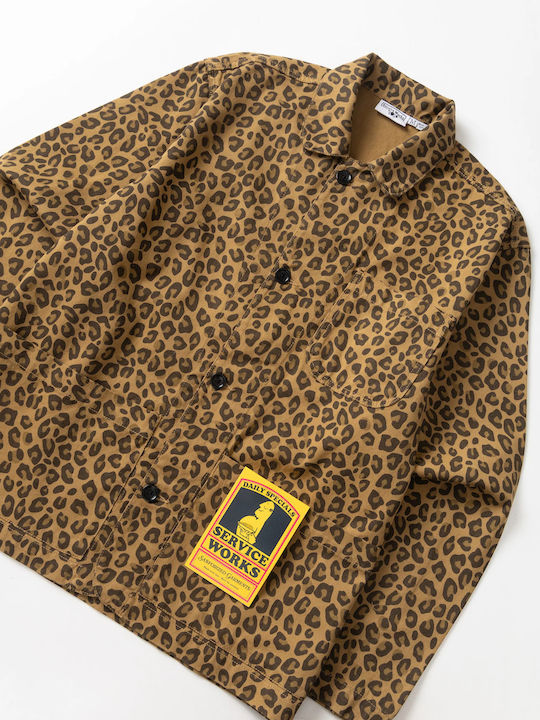 Short Sleeve Cotton Shirt In Wide Line Brown Leopard