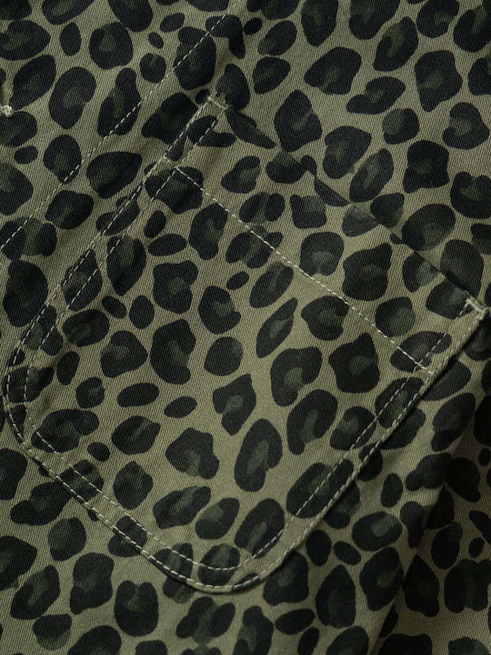 Short Sleeve Cotton Shirt in Wide Line Green Leopard