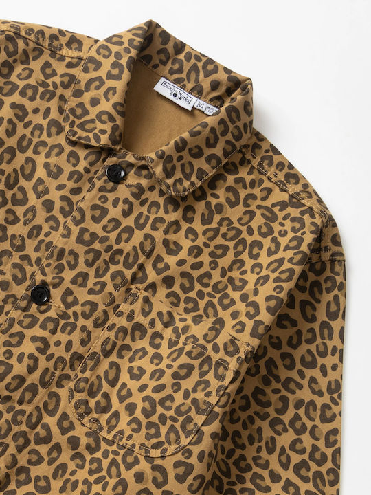 Short Sleeve Cotton Shirt In Wide Line Brown Leopard