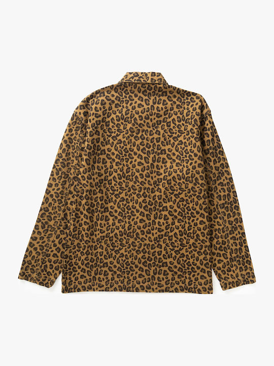 Short Sleeve Cotton Shirt In Wide Line Brown Leopard