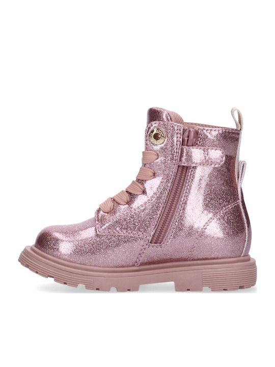 Leather Kids Military Boots with Laces Pink