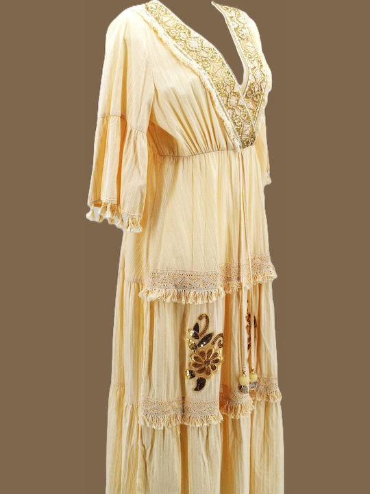Kaftan Damenbademode Boho Besticktes Creme Kleid Maxilänge Goldene Details B638