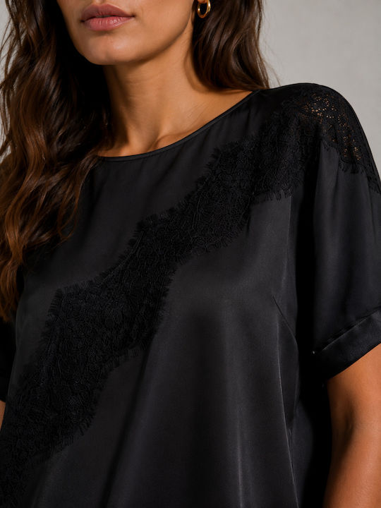 Only Damen Bluse Satin Kurzärmelig Schwarz