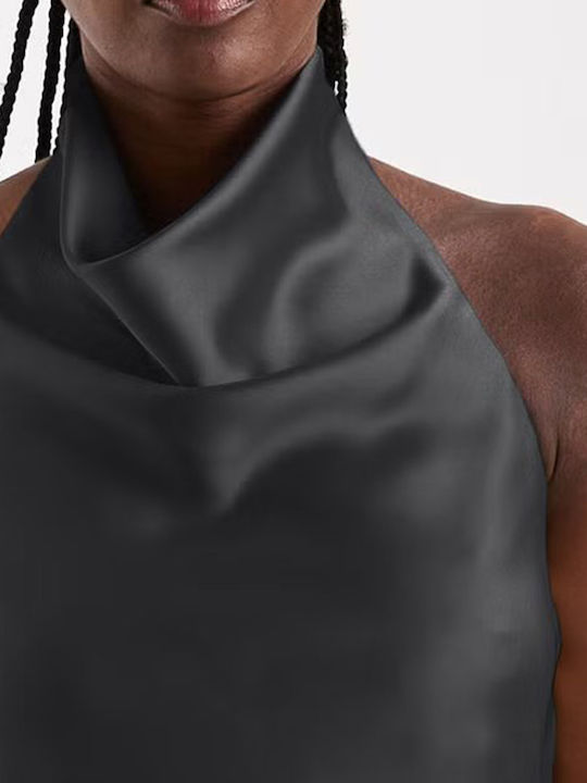 Women's Satin Sleeveless Blouse with Neck Tie Black