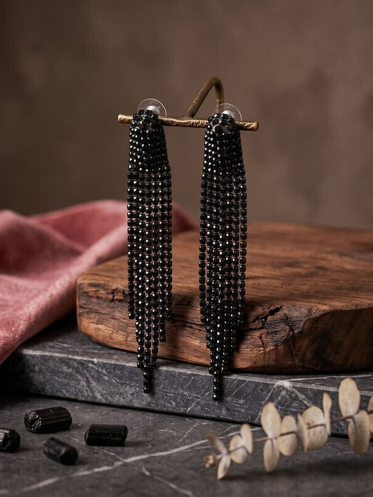 Sk3598 Дълги Statement Обици Водопад Пискюли Черни Кристали – Grekas Jewelry