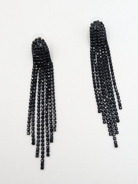 Sk3598 Дълги Statement Обици Водопад Пискюли Черни Кристали – Grekas Jewelry