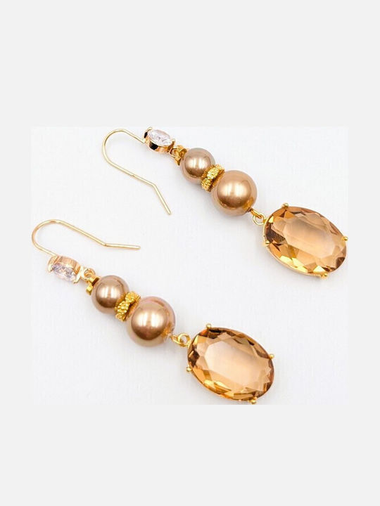 Sk3584 Дълги Висящи Обици Бронзови Перли и Кехлибарен Кристал – Grekas Jewelry