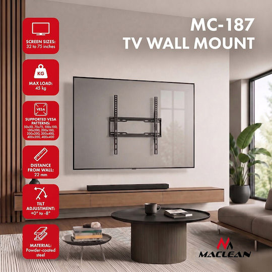Maclean Energy MC-187 Wandmontage TV-Halterung Bis 75" Und 45kg Schwarz