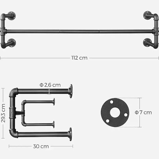 Songmics Agățătoare de Perete Metalică Neagră 110x30x29.5cm 2 Bucăți